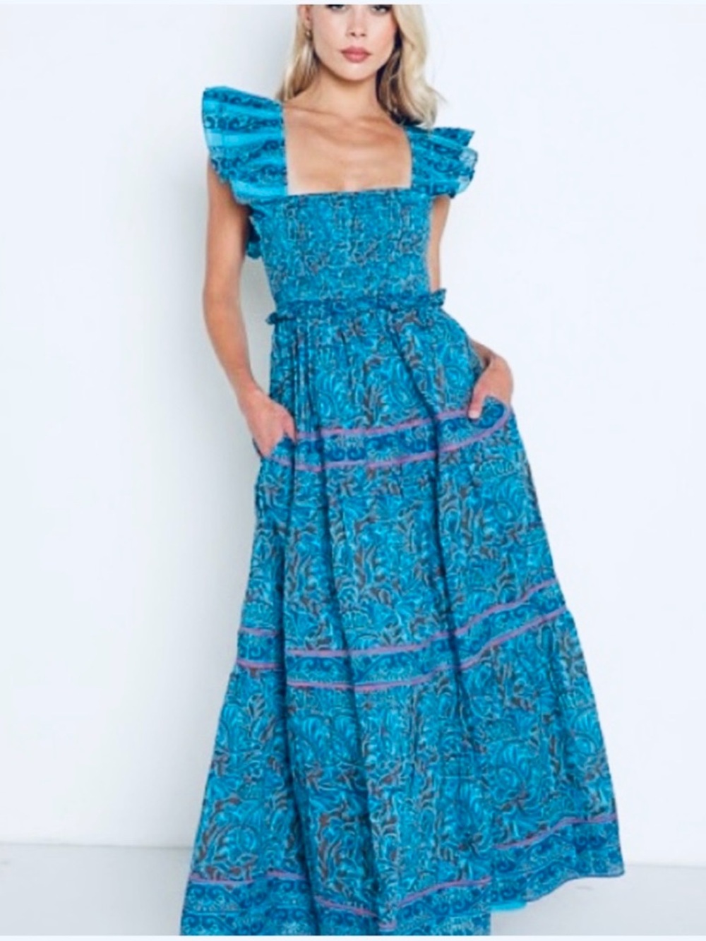 Cleobella Marilyn Maxi Dress Women’s M Turquoise Blue Tiered smocked Cottagecore